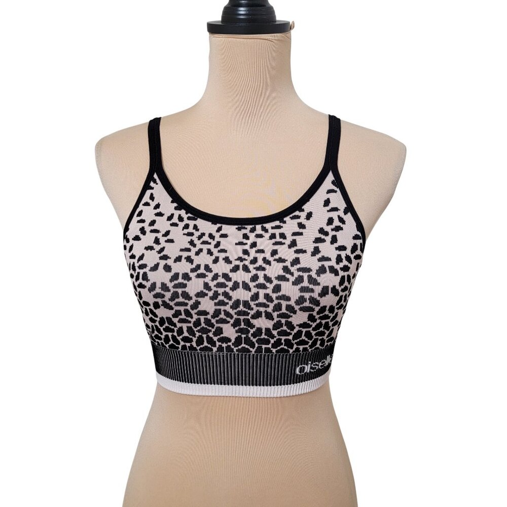 Oiselle Size M Chrysalis Seamless Sports Bra, Creamy Tan and Black